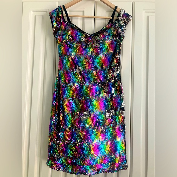 GUESS Multicolor Short Sleeved Mini Dress With  Sequins Adjustable Straps 6 NWT - Picture 1 of 4